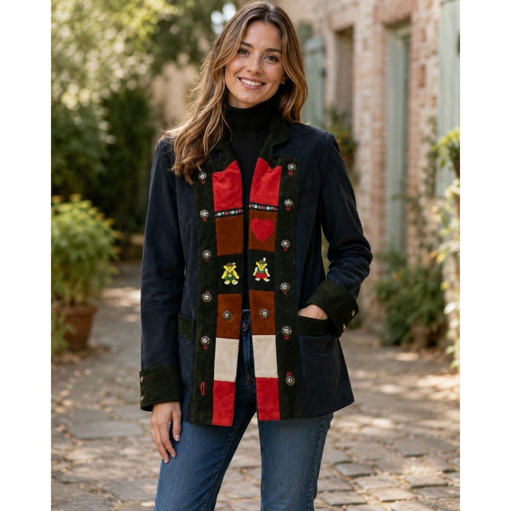 Vintage Made in Italy Suede Jacket Womens S Folk Art Applique Tyrolean Alpine